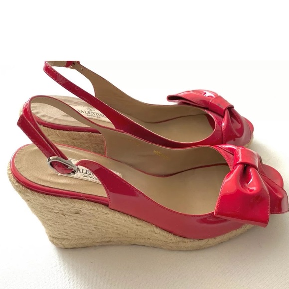 Valentino Red Patent Bow Open Toe Wedge Espadrille - Picture 7 of 9